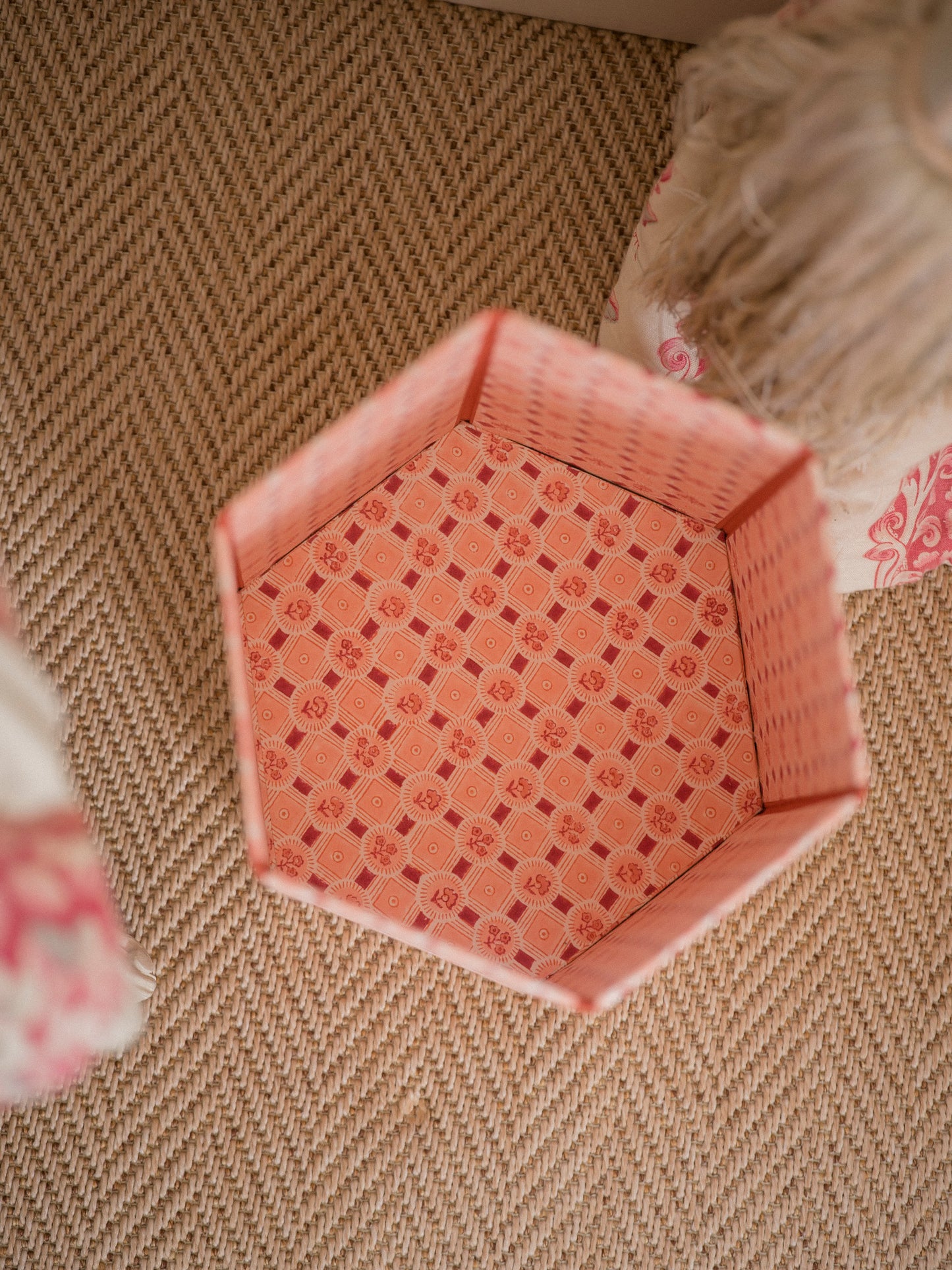 Block Printed Hexagon Collapsible Bin Spring Bloom Red