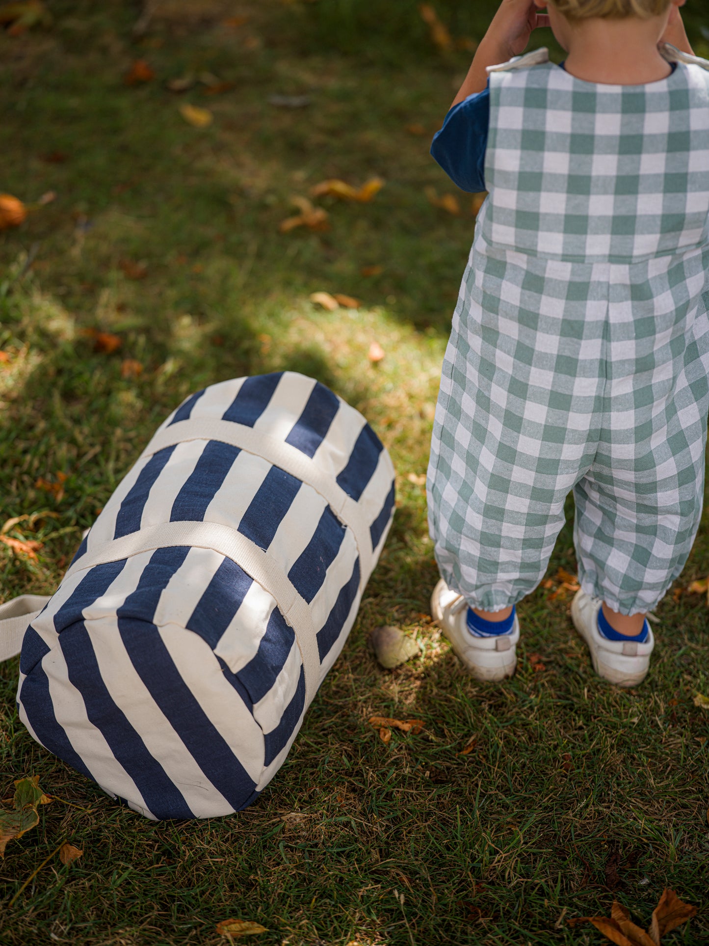Navy Striped Barrel Bag